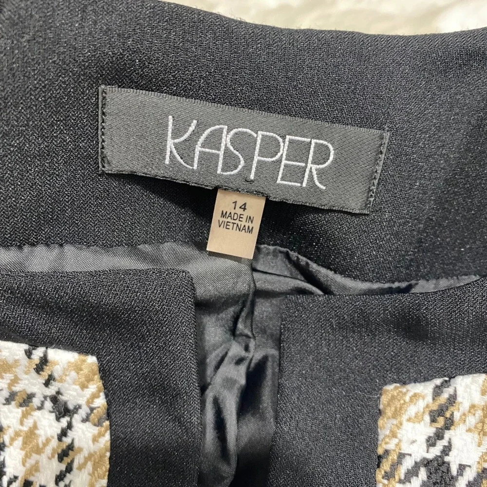 Kasper Blazer Women's 14 Houndstooth‎ Collarless Open Front Jacket Old Money